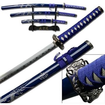 3 Pcs Samurai Sword Set - Blue Carved Dragon on Scabbard